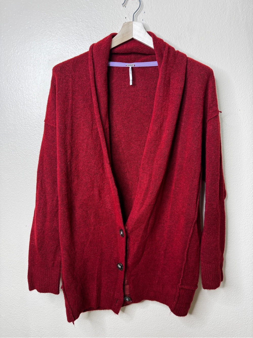 Free People Women’s Small Red Wool Blend Shawl Collar Button Cardigan Sweater